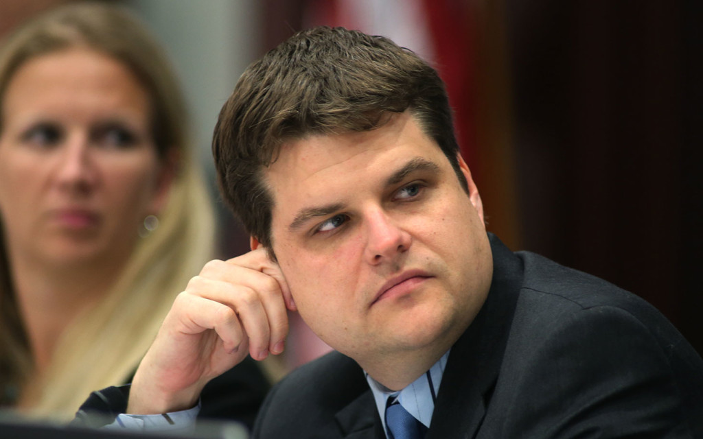 Matt Gaetz, R-Fort Walton Beach, Chairman of the House Criminal Justice sub-committee, listens to debate on HB843, Wednesday, March 5, 2014. The bill would legalize a strain of marijuana designed to be low in psychoactive properties and high in medicinal value. The bill passed the sub-committee Thursday in Tallahassee. (AP Photo/The Tampa Bay Times, Scott Keeler)